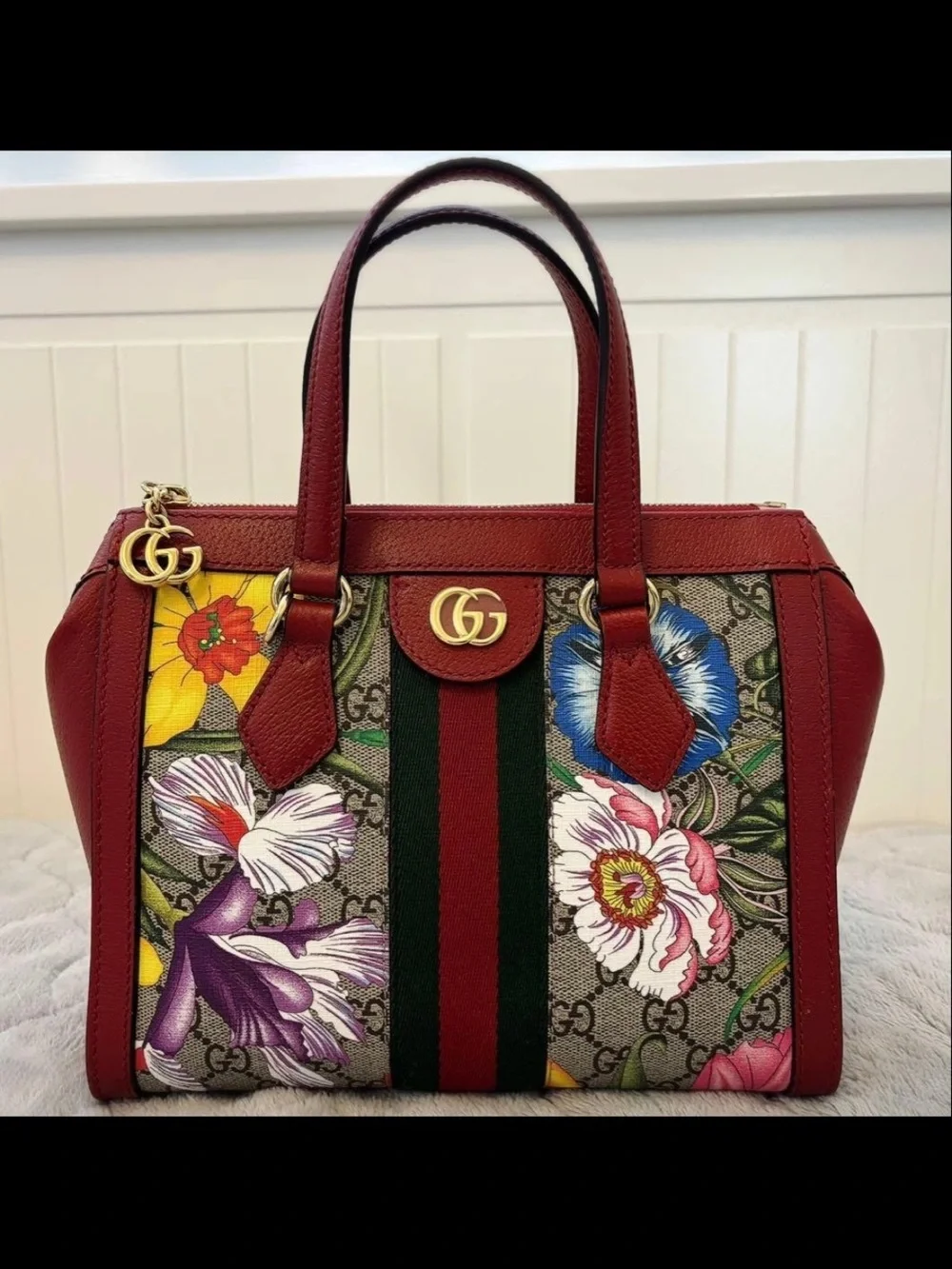 Gucci Red Leather Floral GG Canvas Satchel with Green-Red Stripe